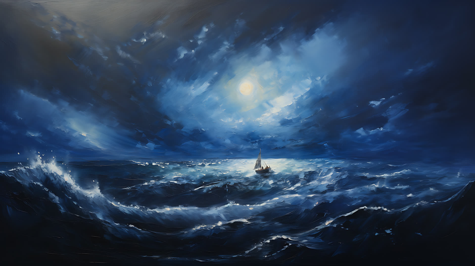 A small sailboat on a dark blue night sea, moon on the water.